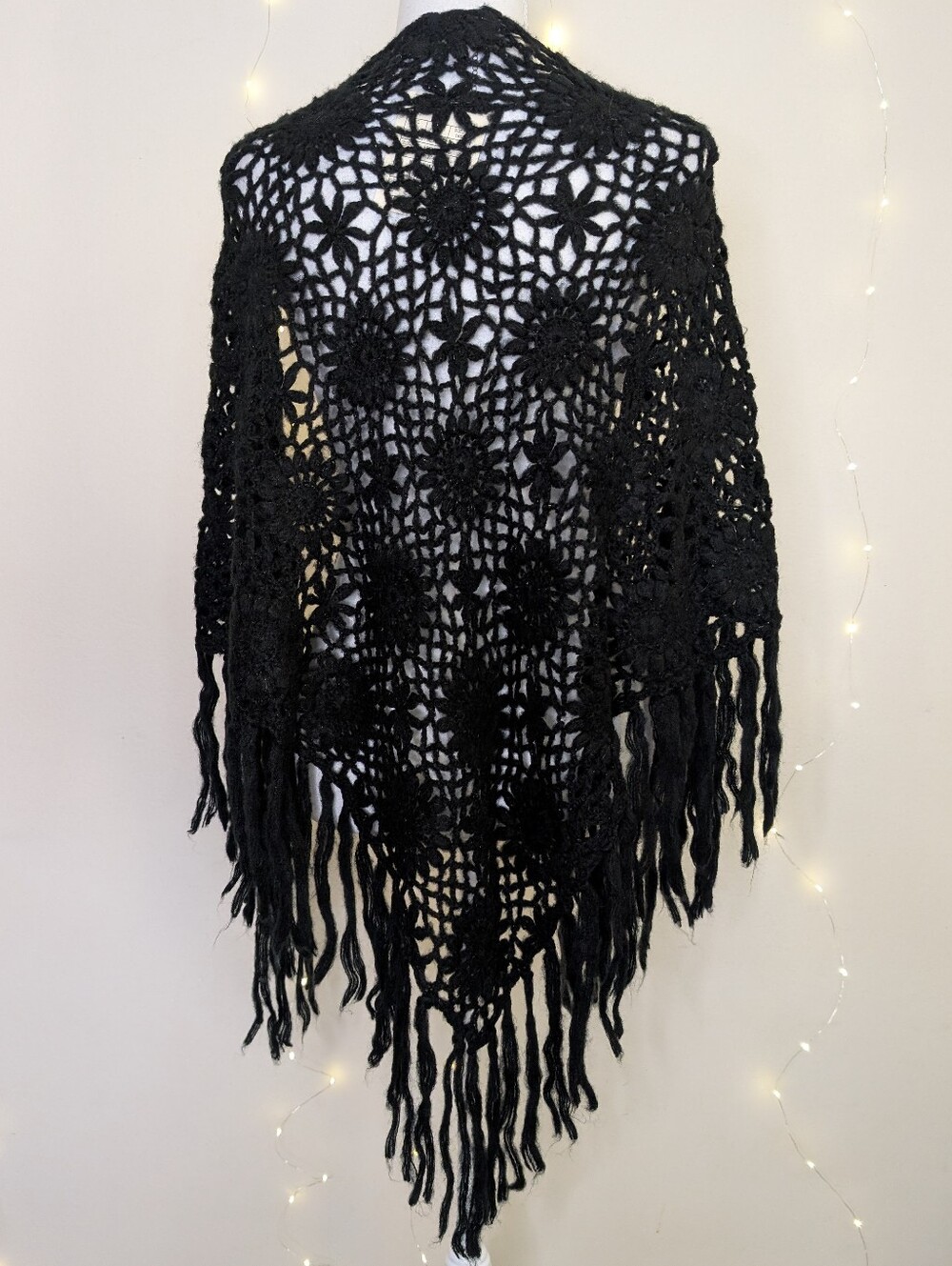 Y2K Black Crochet Shawl - Triangle Wrap With Fringe